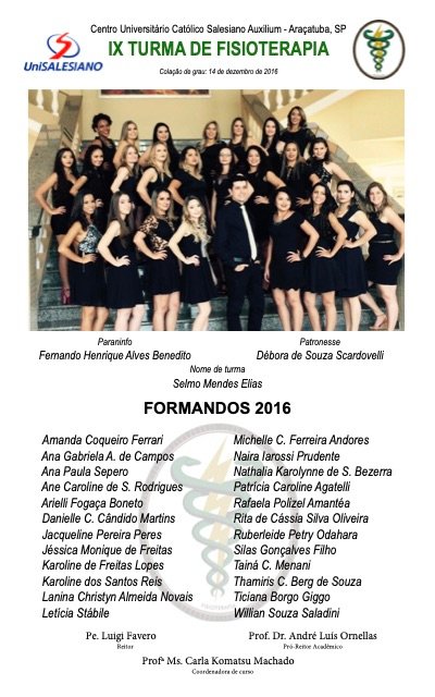 Placa de formatura da IX Turma de Fisioterapia, 2016